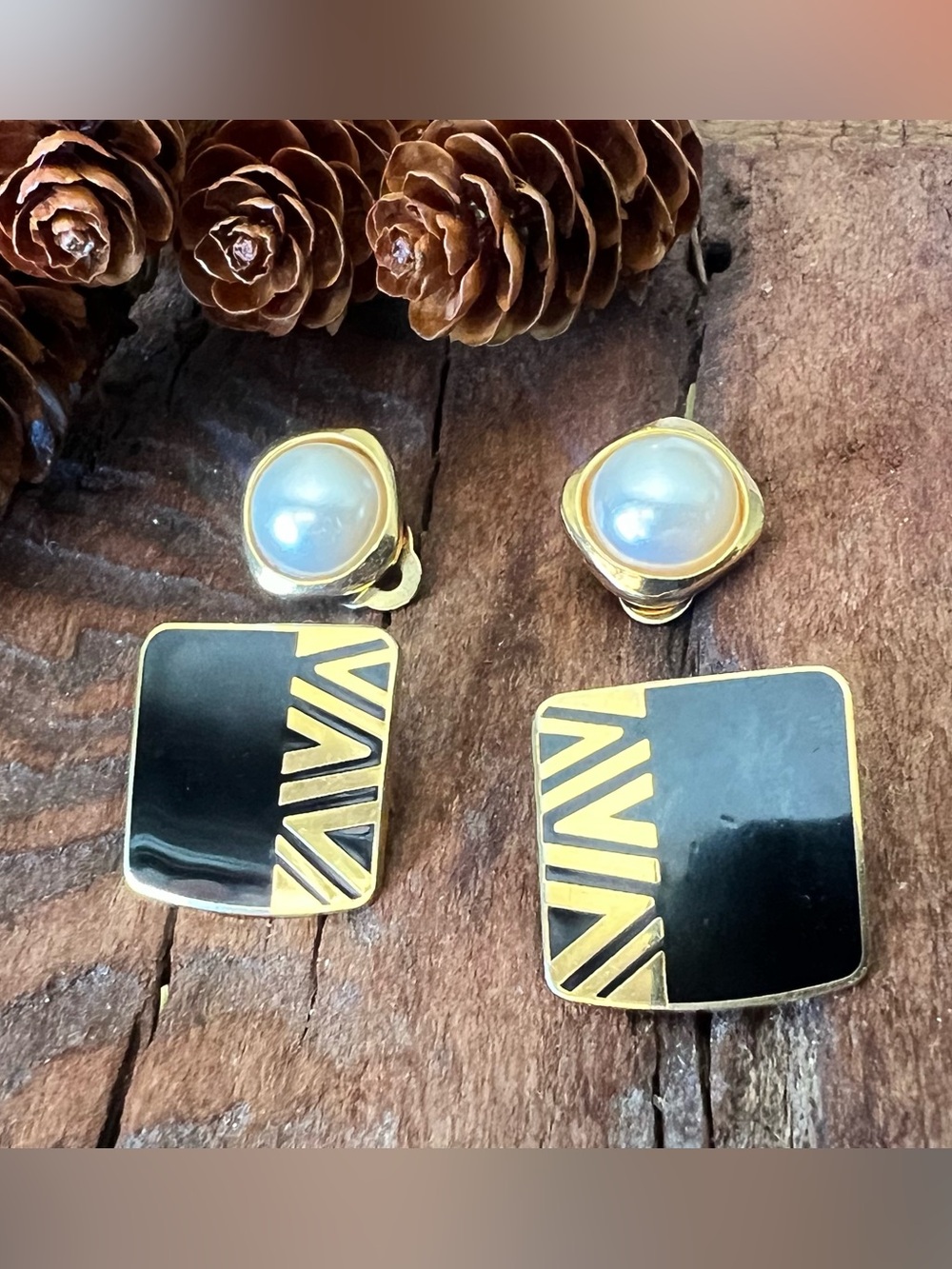 Lauren Burch Naito Earrings Faux Pearl Earrings  Gold-Tone Black Enamel Clip Ons